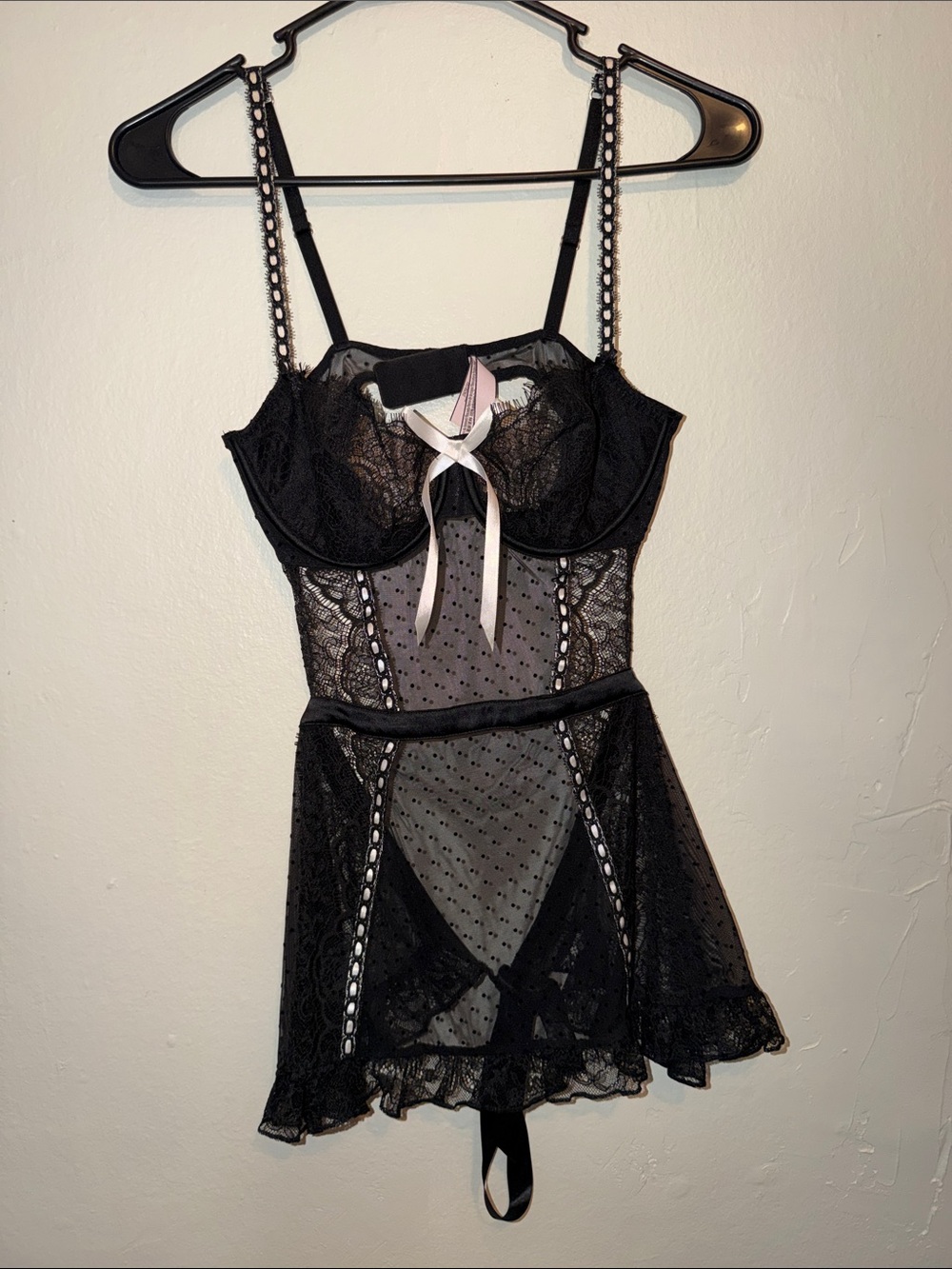 Victoria's Secret Black Lace & Sheer Polka-Dot Babydoll Chemise with Ribbon